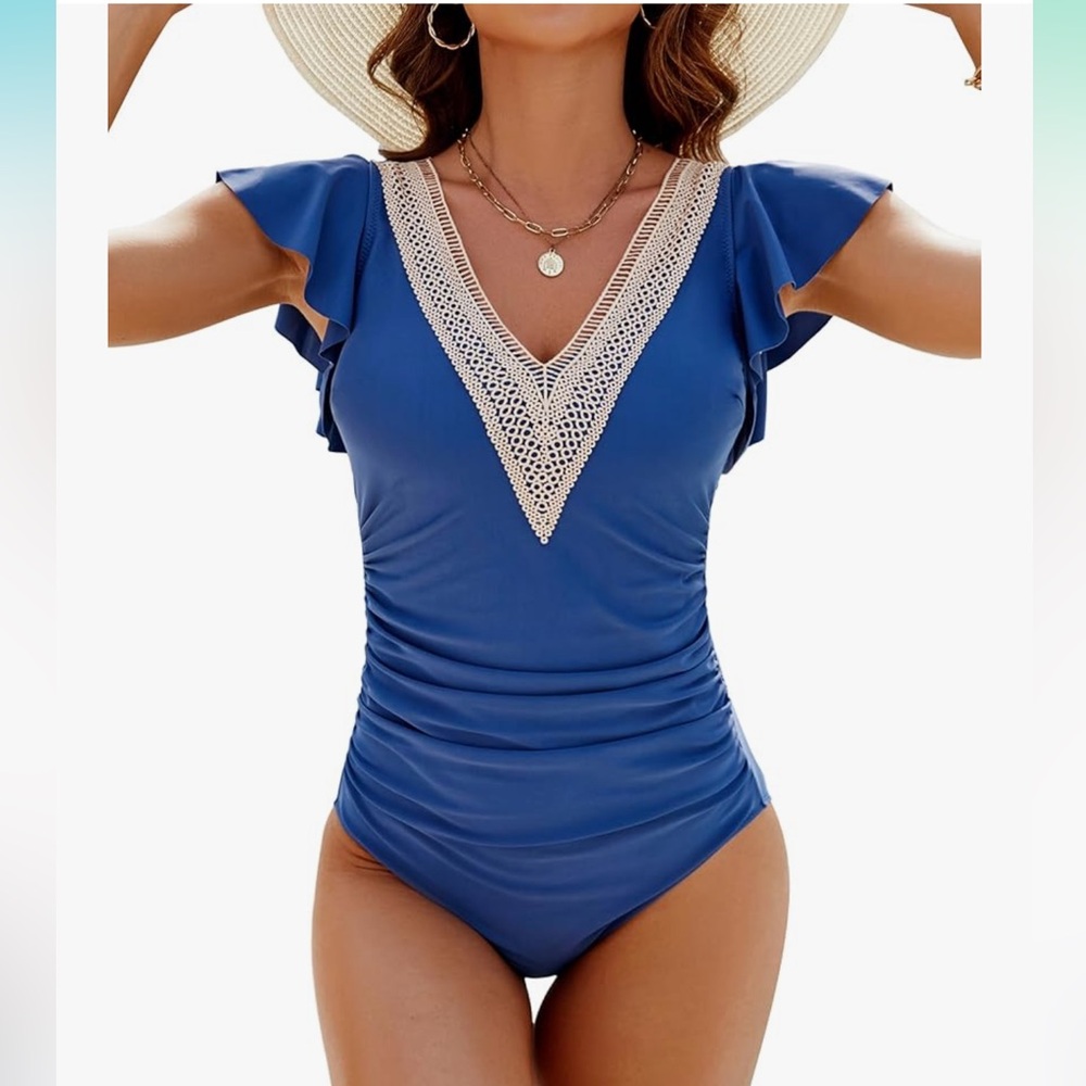 Blue Crochet Trim One-Piece Swimsuit